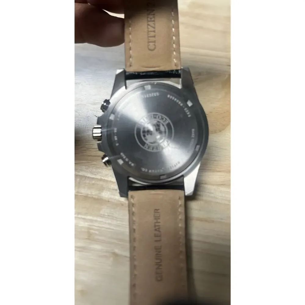 Citizen Eco-Drive Mens Chronograph Tachymeter Date Black Dial Leather Box